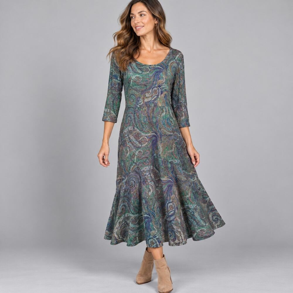 Peruvian Connection Paisley Midi Dress Women M Green Purple 3/4 Sleeve Boho